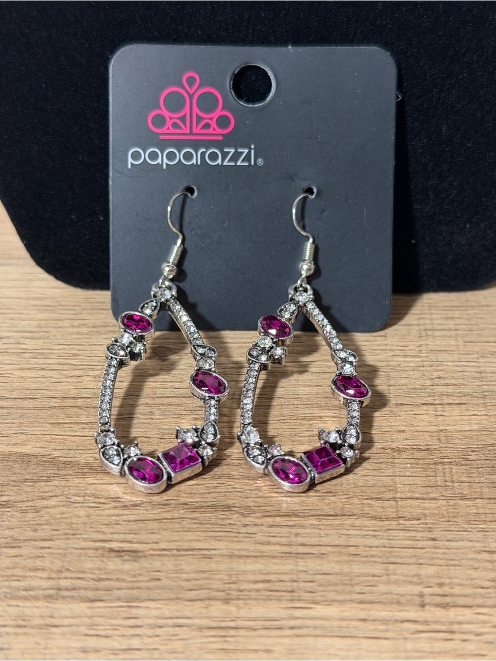 paparazzi Silver Teardrop Earrings with Fuchsia Gemstones